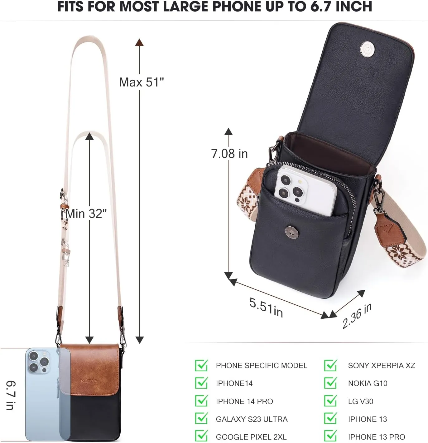 POIUGOYA Small Crossbody Bags for Women Trendy,Leather Triple Compartment Cell Phone Crossbody Wallet Purses with Card Slots