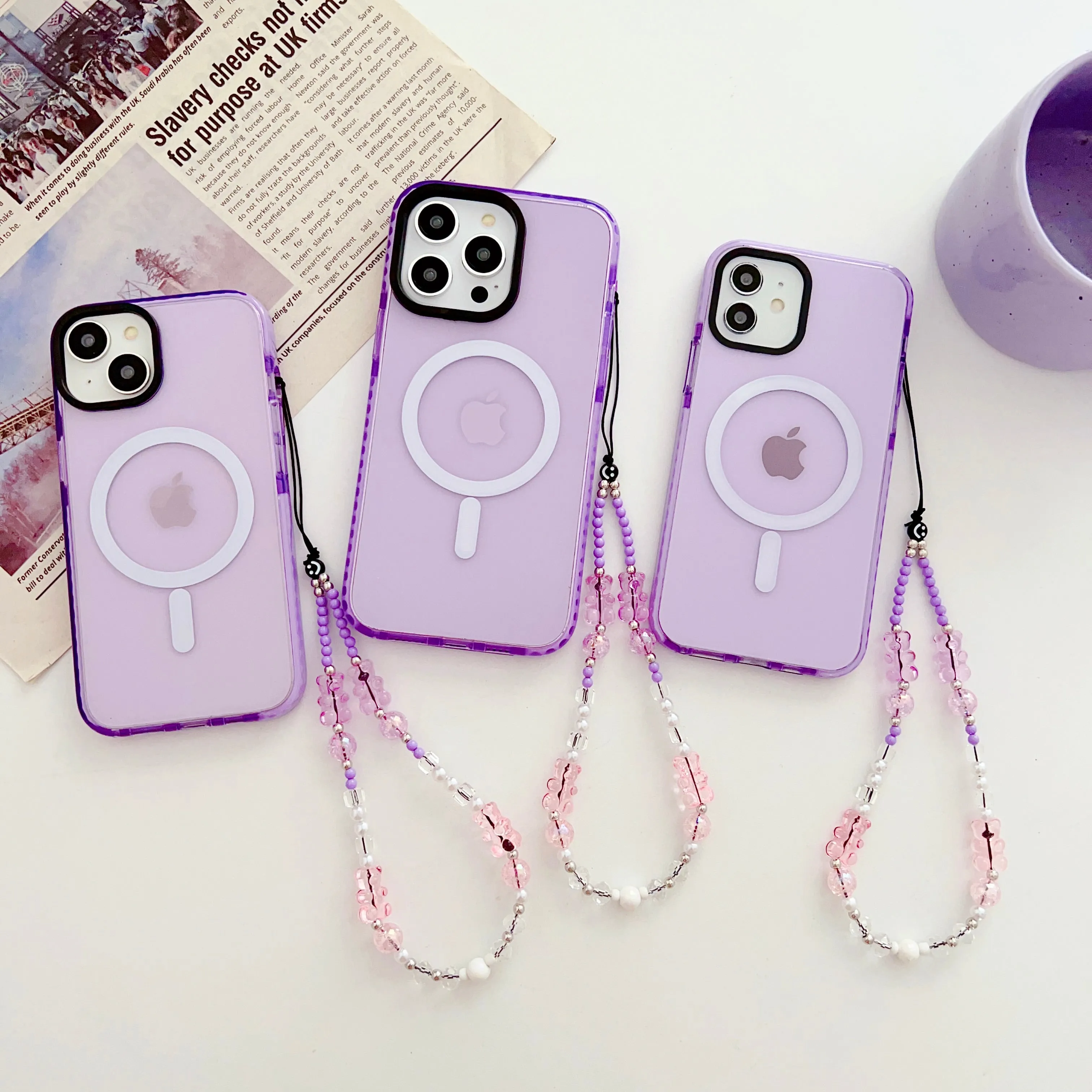 Purple Silicon Impact Case for iPhone With Magsafe And Bear Charm