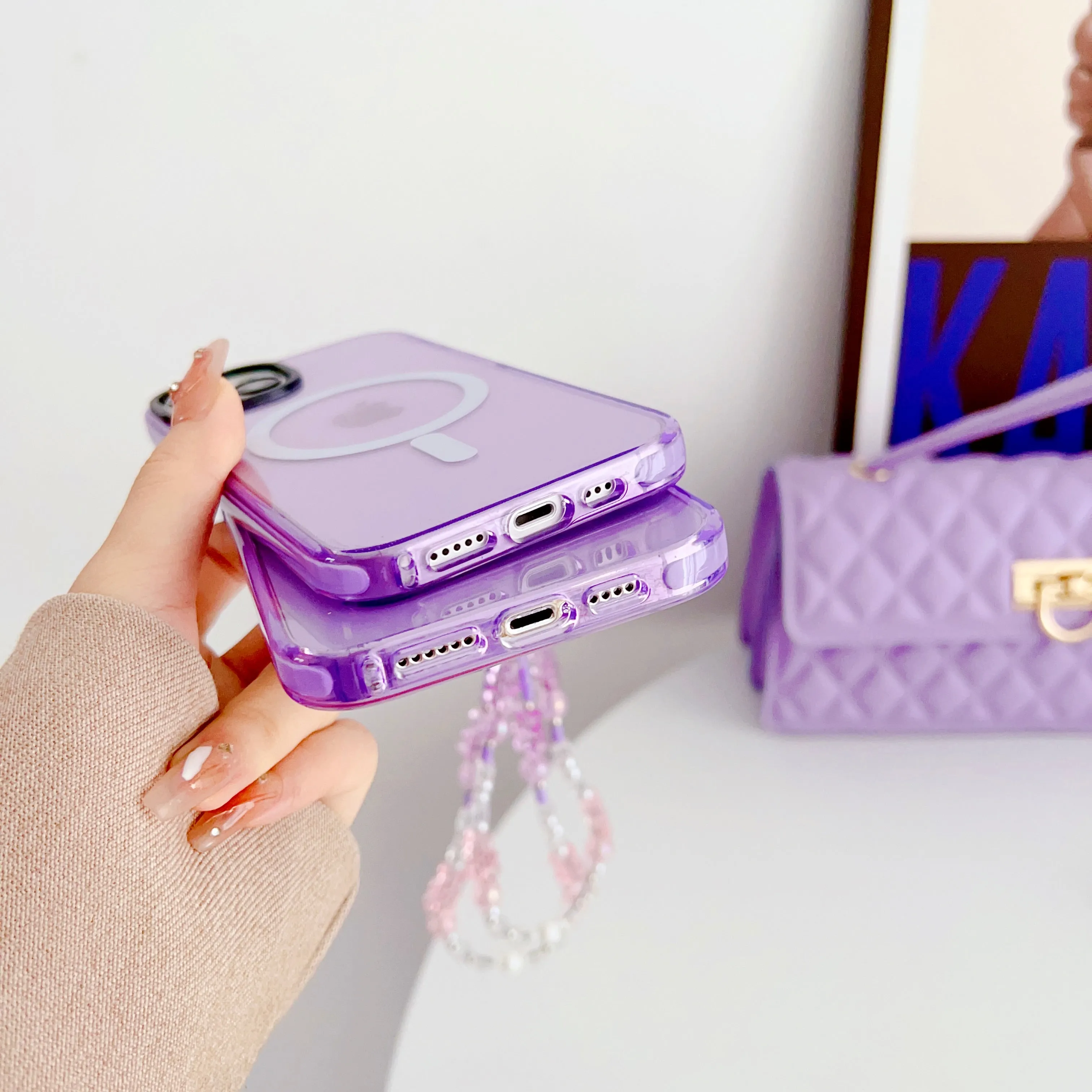 Purple Silicon Impact Case for iPhone With Magsafe And Bear Charm