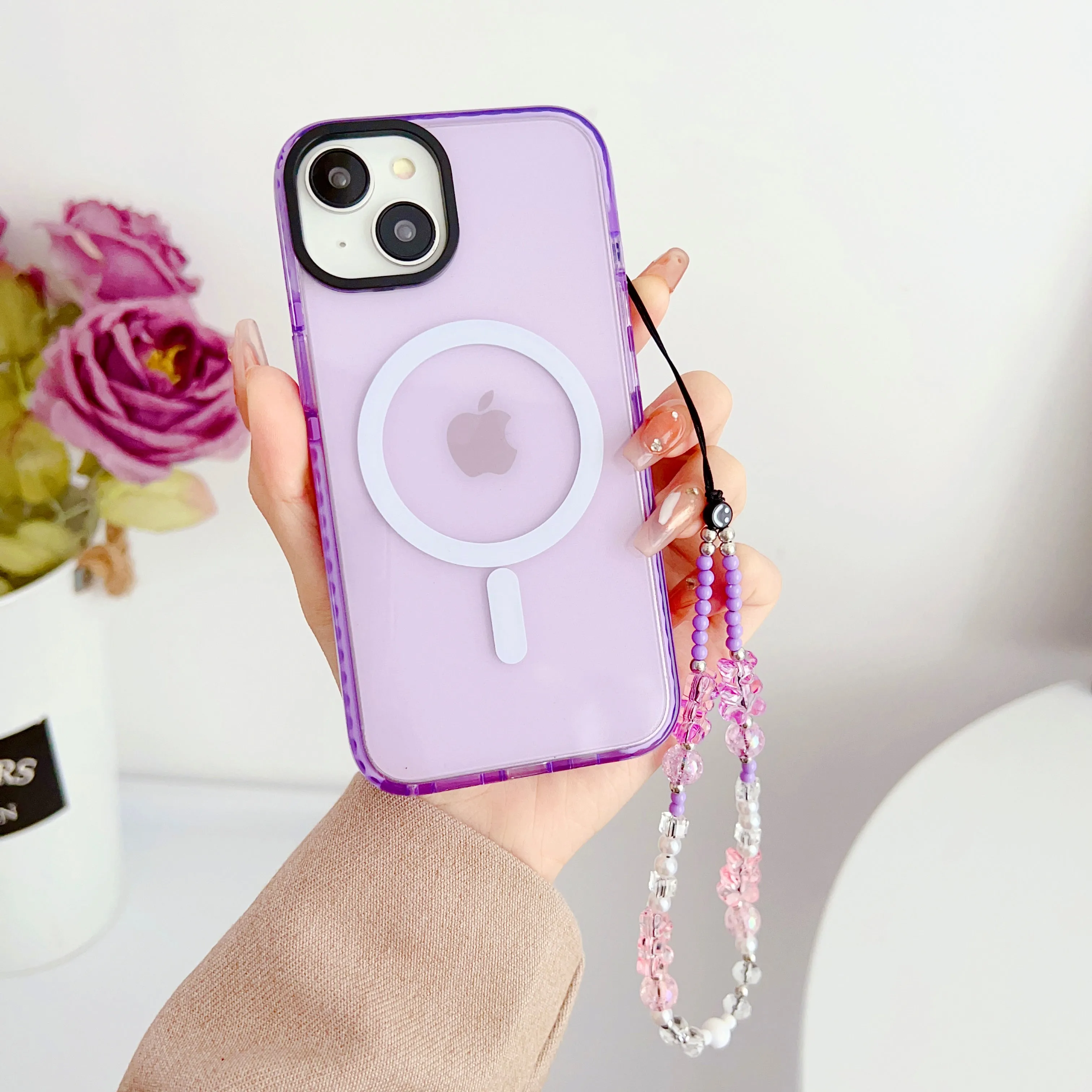 Purple Silicon Impact Case for iPhone With Magsafe And Bear Charm