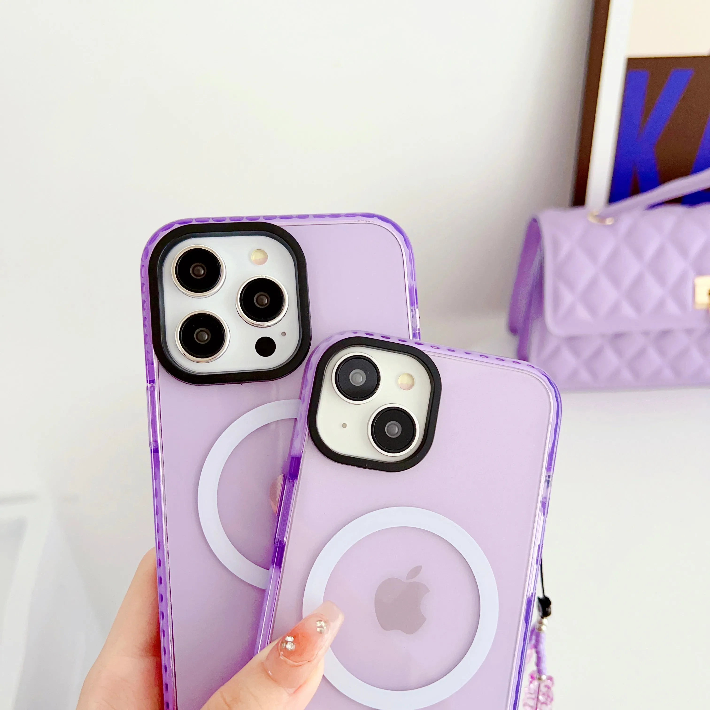 Purple Silicon Impact Case for iPhone With Magsafe And Bear Charm