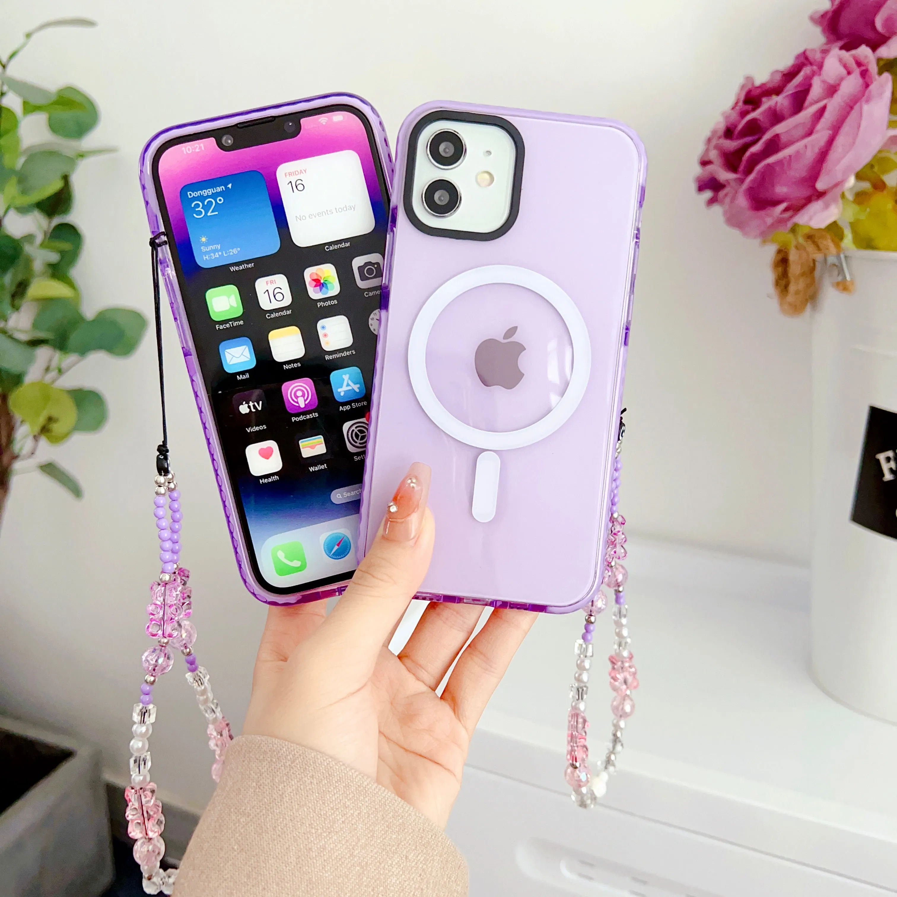 Purple Silicon Impact Case for iPhone With Magsafe And Bear Charm