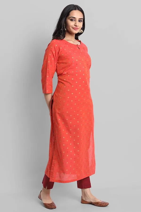 Red Woven Teekee Cotton Kurta