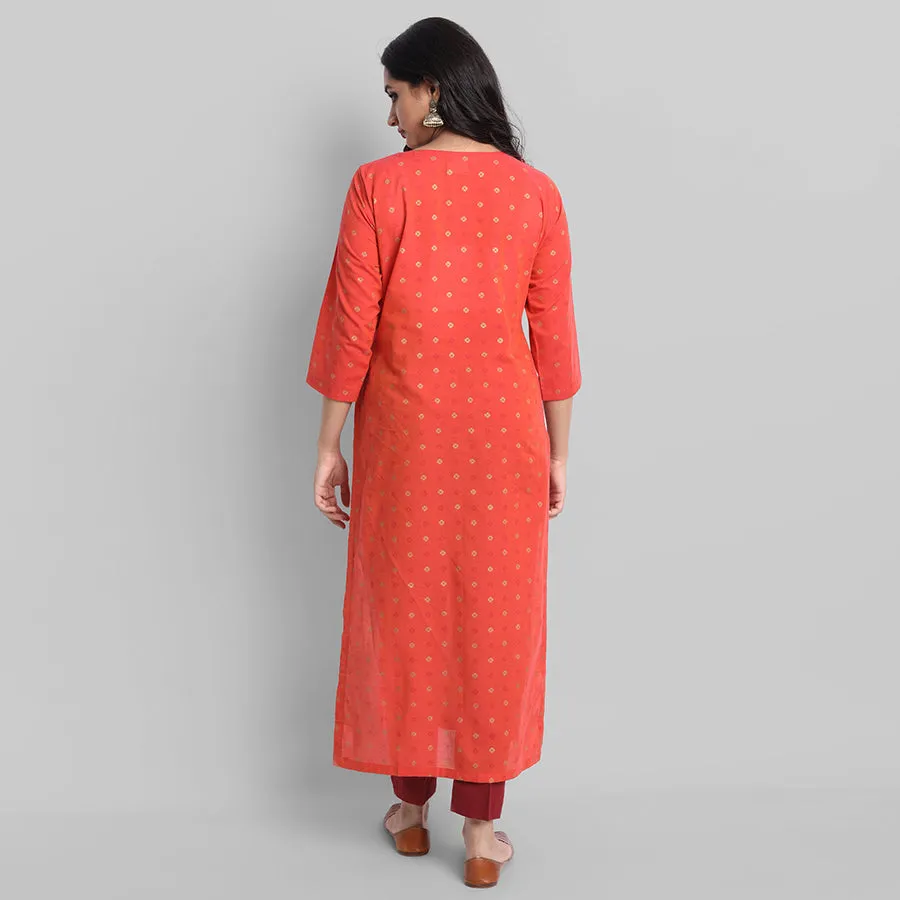 Red Woven Teekee Cotton Kurta
