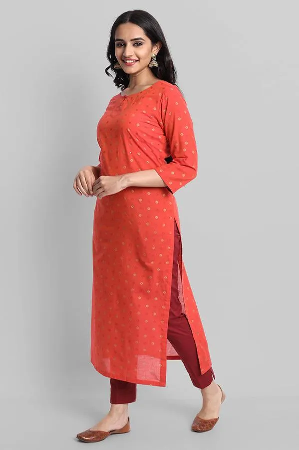 Red Woven Teekee Cotton Kurta