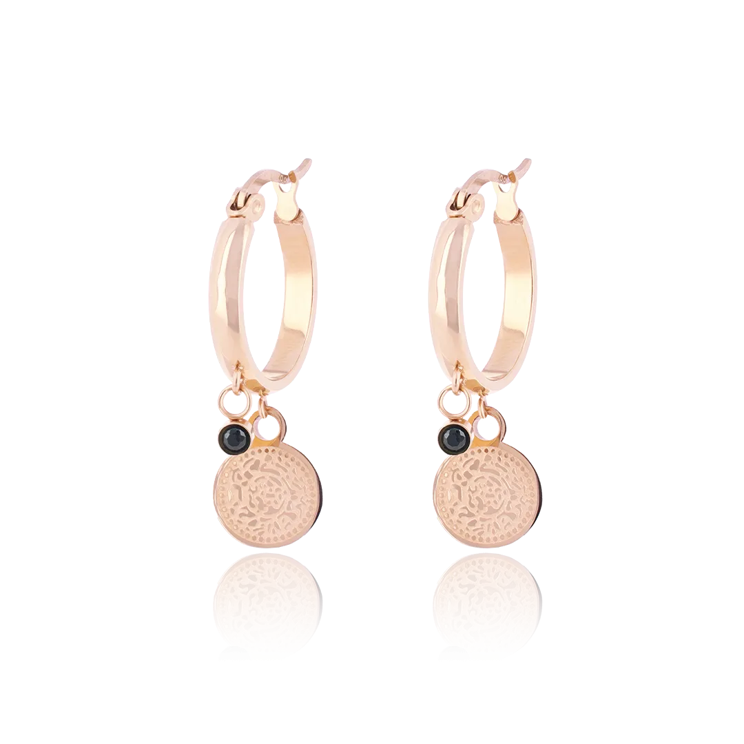 Rose gold coloured hoop earrings with a coin charm