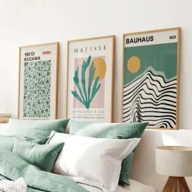 Sage Green Set of 3 Prints. Bauhaus, Kusama, Matisse Style