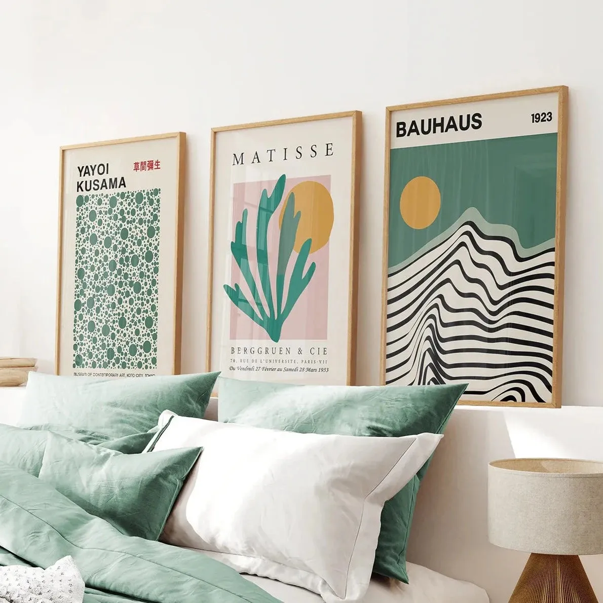 Sage Green Set of 3 Prints. Bauhaus, Kusama, Matisse Style