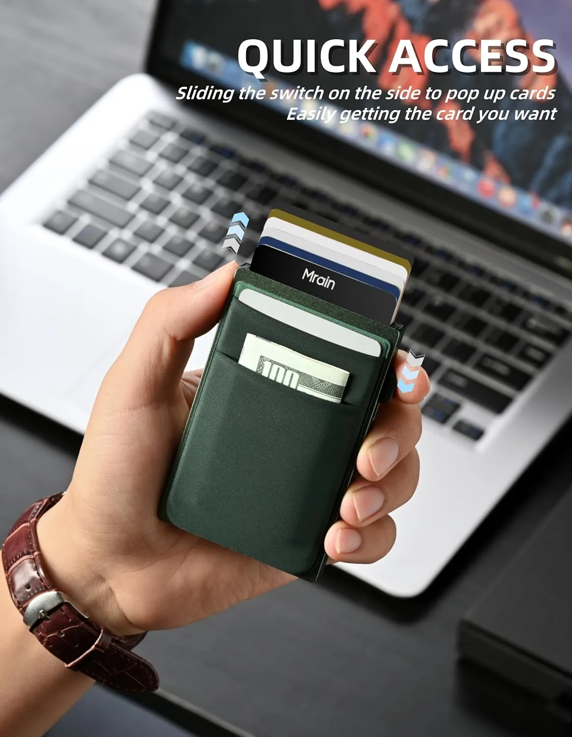Slim Wallet for Men, Aluminum Business Card Holder, Minimalist Metal Pop Up Wallet, RFID Blocking, Coin and Cash Pocket, Ultra Slim, Gift for Him (Green)