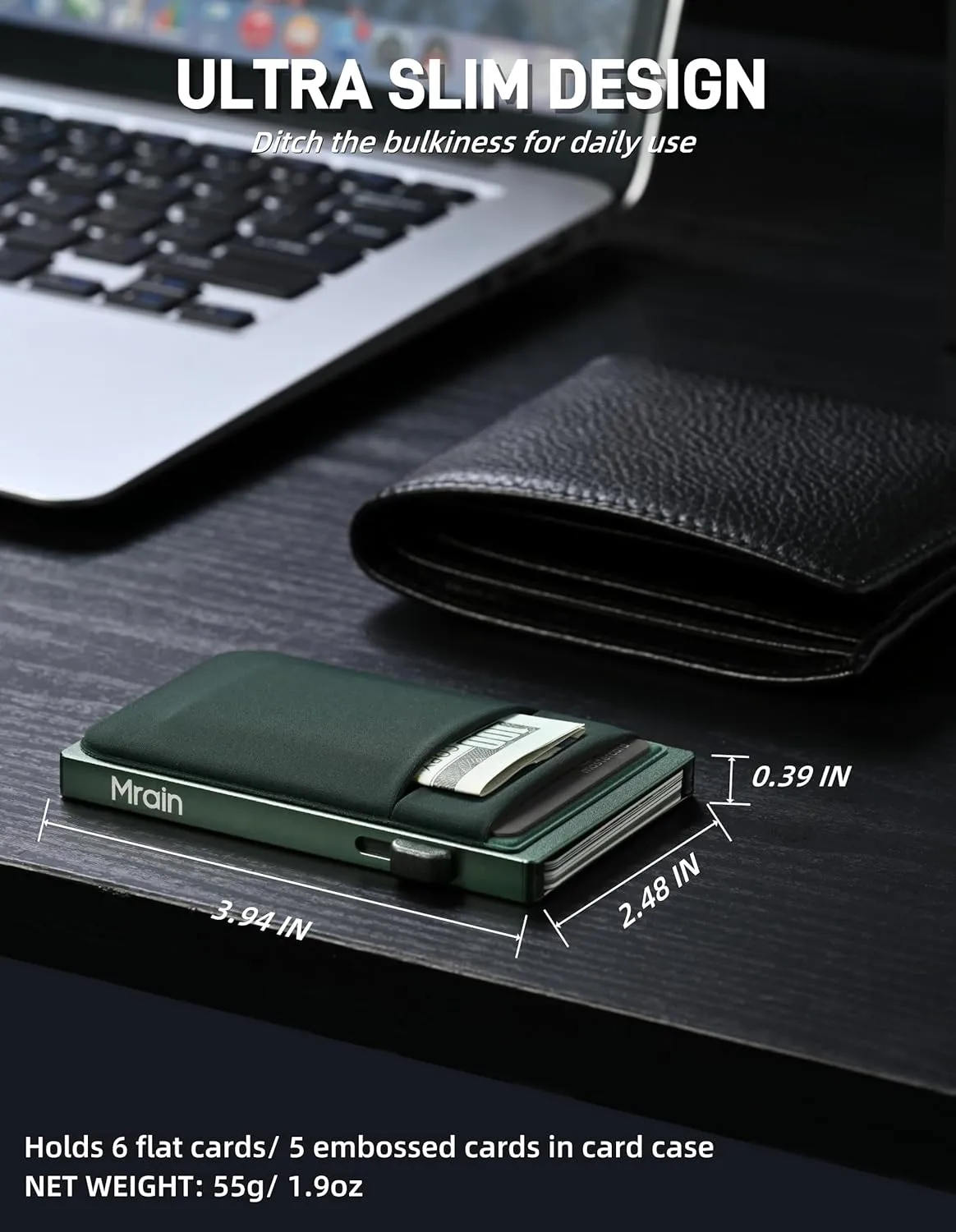 Slim Wallet for Men, Aluminum Business Card Holder, Minimalist Metal Pop Up Wallet, RFID Blocking, Coin and Cash Pocket, Ultra Slim, Gift for Him (Green)