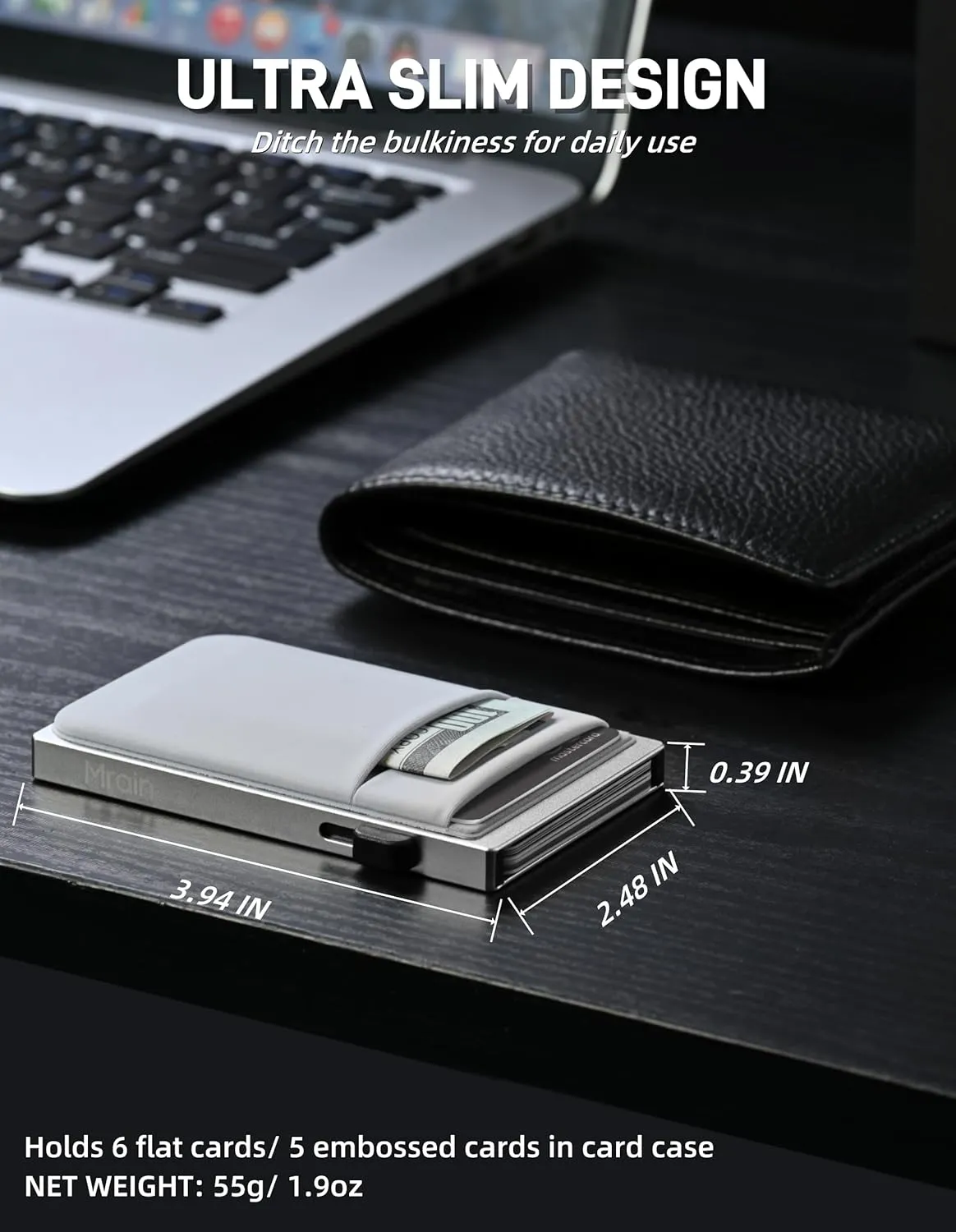 Slim Wallet for Men, Aluminum Business Card Holder, Minimalist Metal Pop Up Wallet, RFID Blocking, Coin and Cash Pocket, Ultra Slim, Gift for Him (Silver)