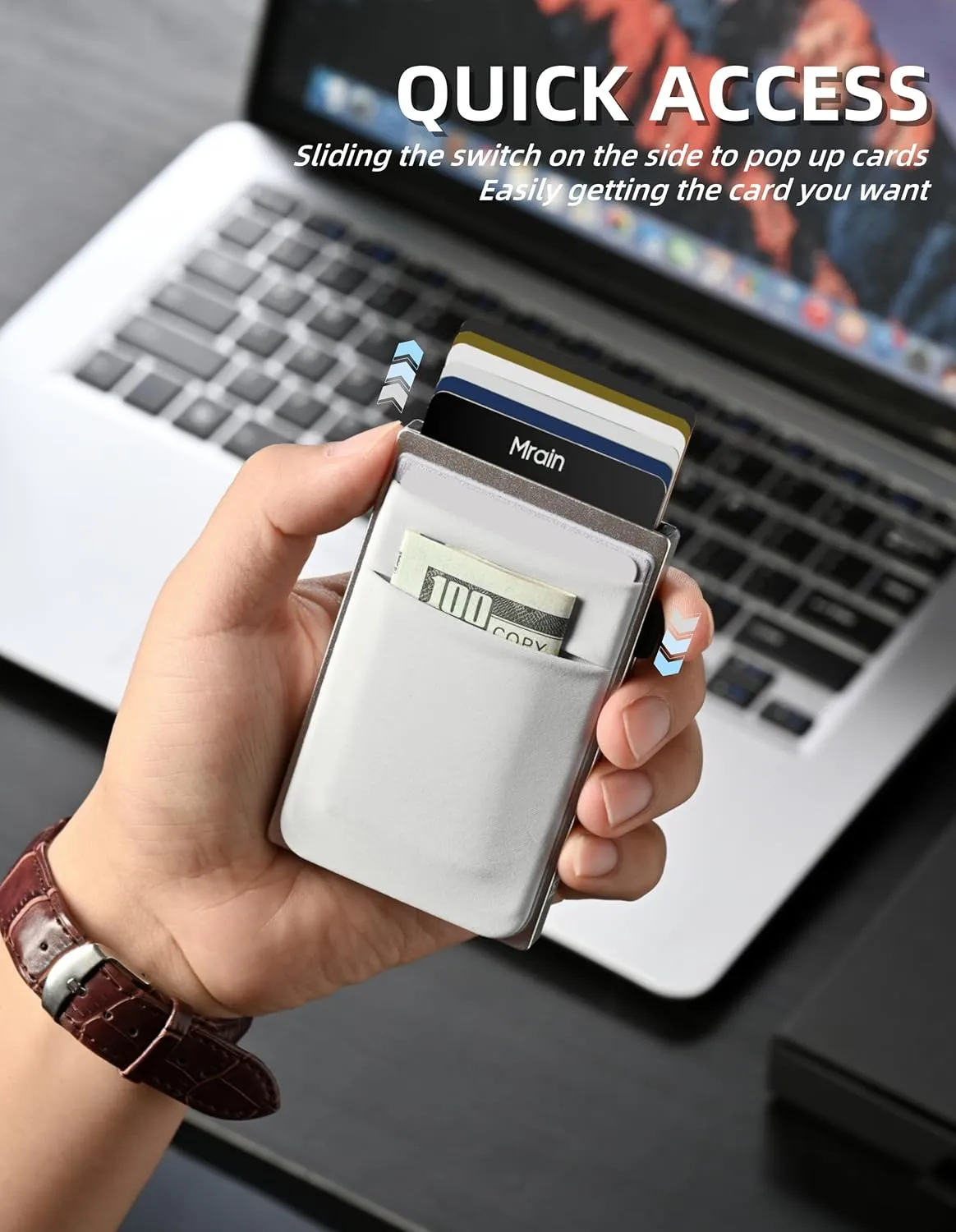 Slim Wallet for Men, Aluminum Business Card Holder, Minimalist Metal Pop Up Wallet, RFID Blocking, Coin and Cash Pocket, Ultra Slim, Gift for Him (Silver)