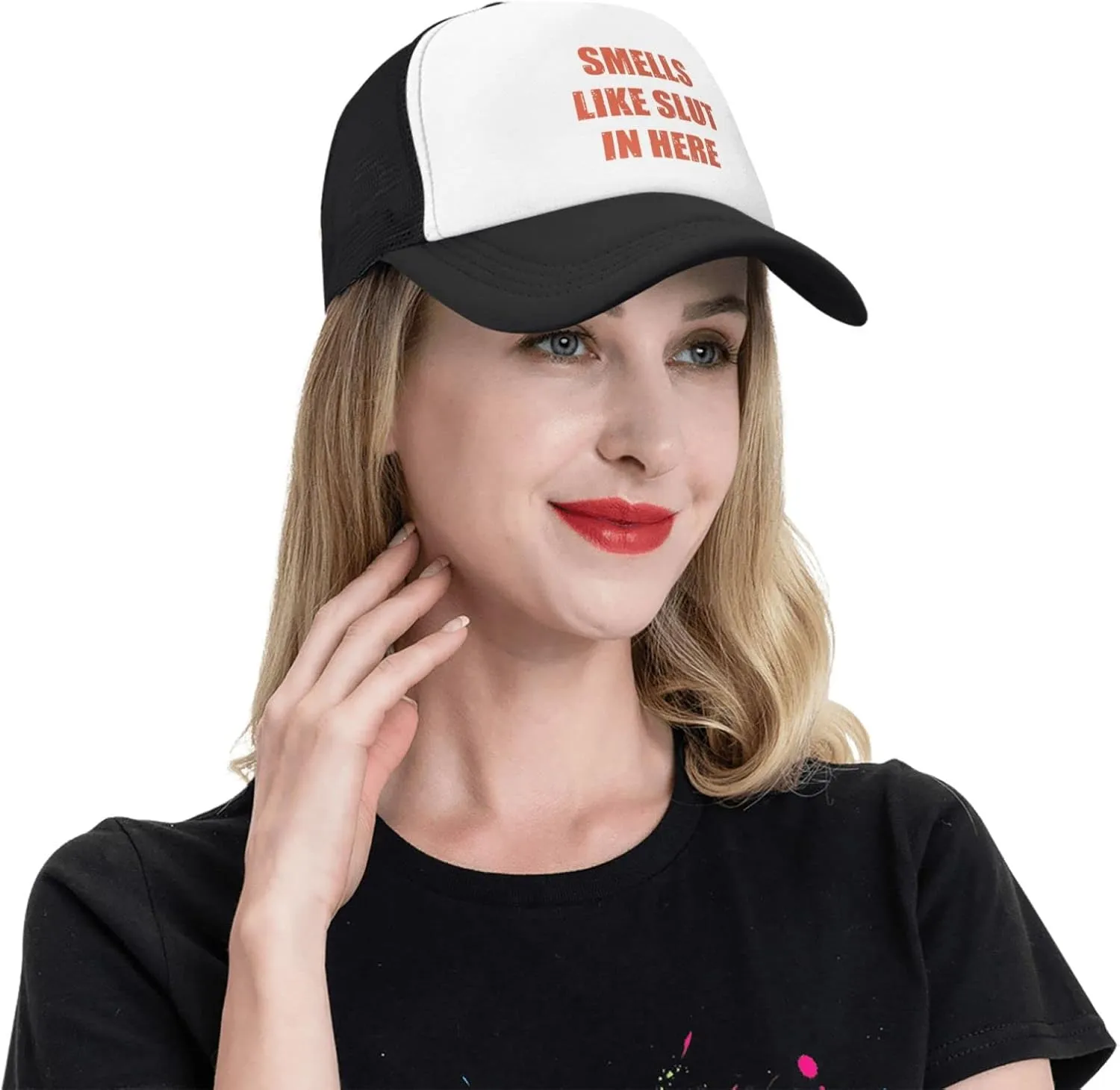 Smells Like Slut in Here Funny Adjustable Mesh Trucker Hat Sport Baseball Cap Men Women Gift Dad Hat Fishing Cap Black
