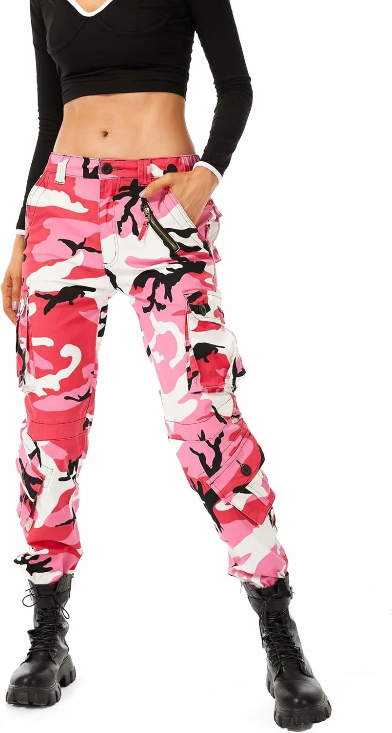 Sobrisah Camo Cargo Pants for Women Mid-Rise Comfort Casual Pants Baggy Stretchy Camouflage Trousers Y2K Streetwear