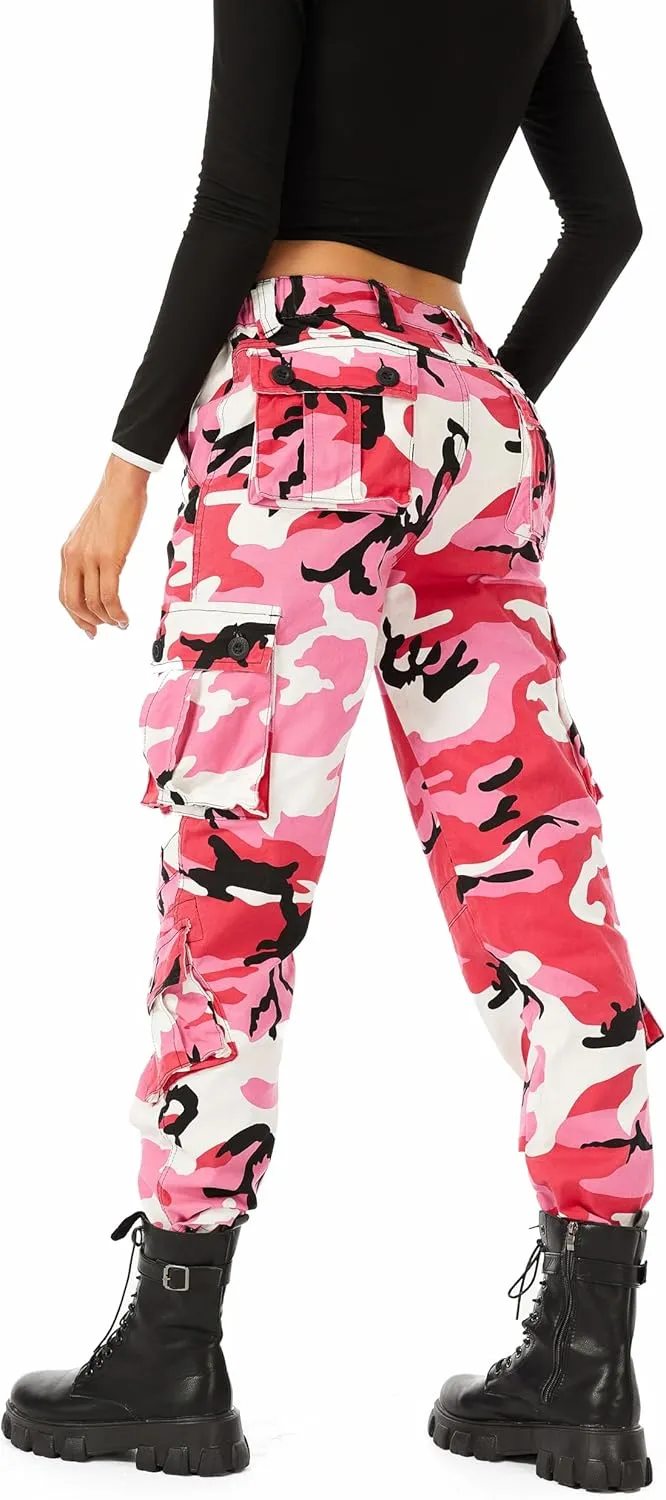 Sobrisah Camo Cargo Pants for Women Mid-Rise Comfort Casual Pants Baggy Stretchy Camouflage Trousers Y2K Streetwear