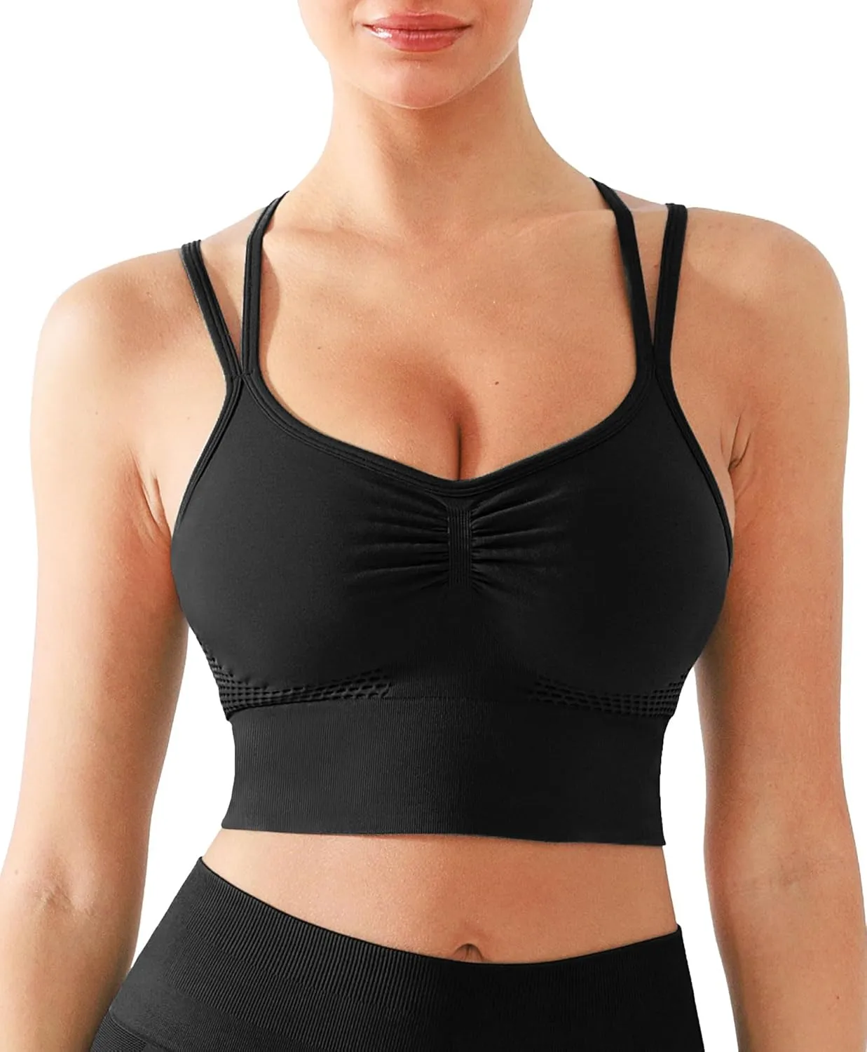 Strappy Longline Ruched V Neck Sports Bra for Women Seamless Crisscross Back Medium Support Workout Yoga Bras