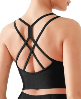 Strappy Longline Ruched V Neck Sports Bra for Women Seamless Crisscross Back Medium Support Workout Yoga Bras
