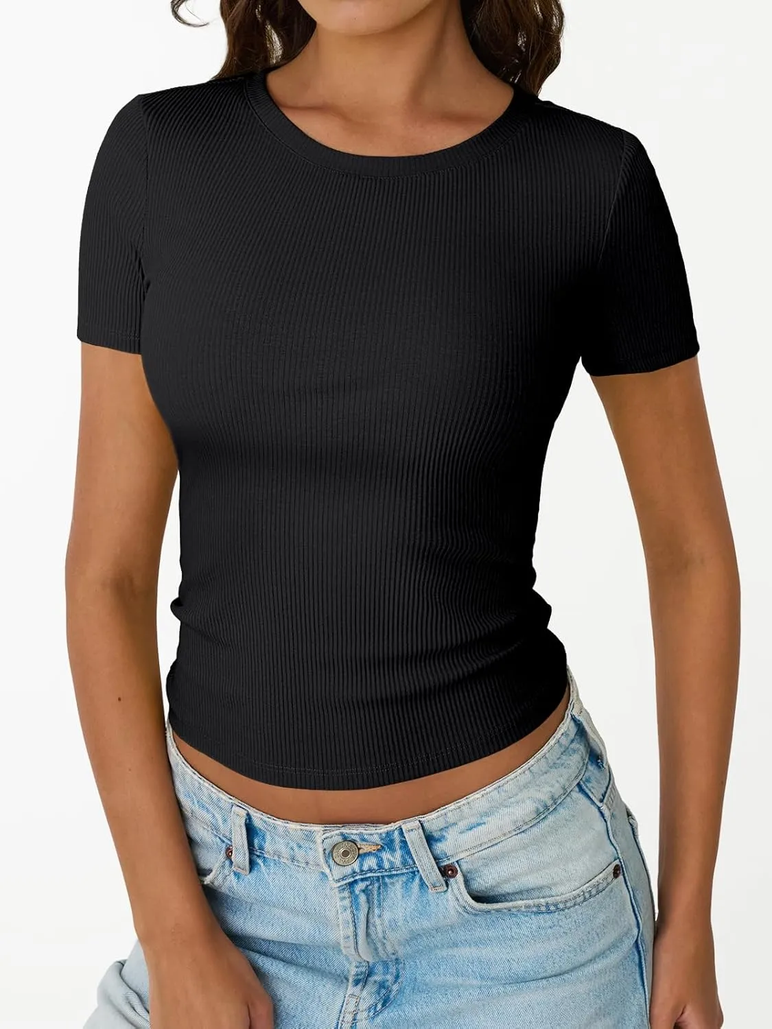 Trendy Queen Womens Short Sleeve Shirts Crewneck Ribbed Knit Slim Fitted T-Shirt Summer Basic Tee 2025 Tops