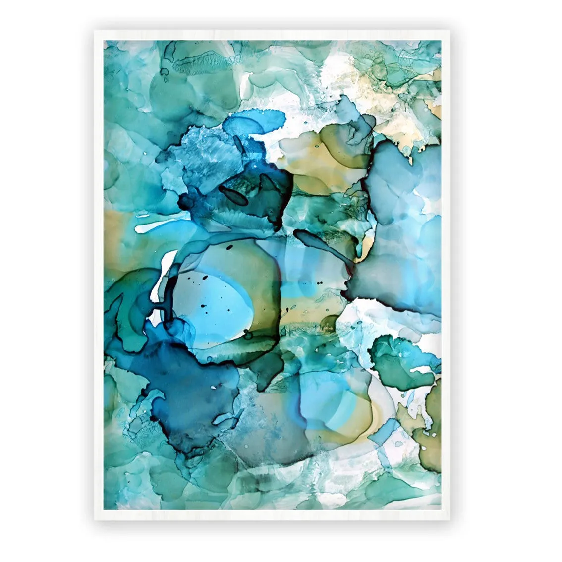 Vertical aqua blue & green abstract alcohol ink art print