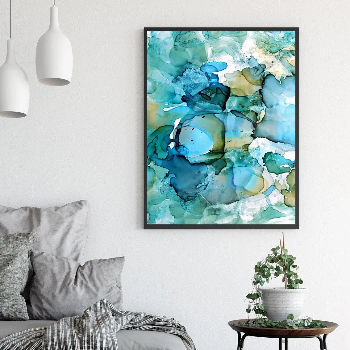 Vertical aqua blue & green abstract alcohol ink art print