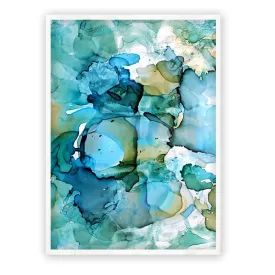 Vertical aqua blue & green abstract alcohol ink art print