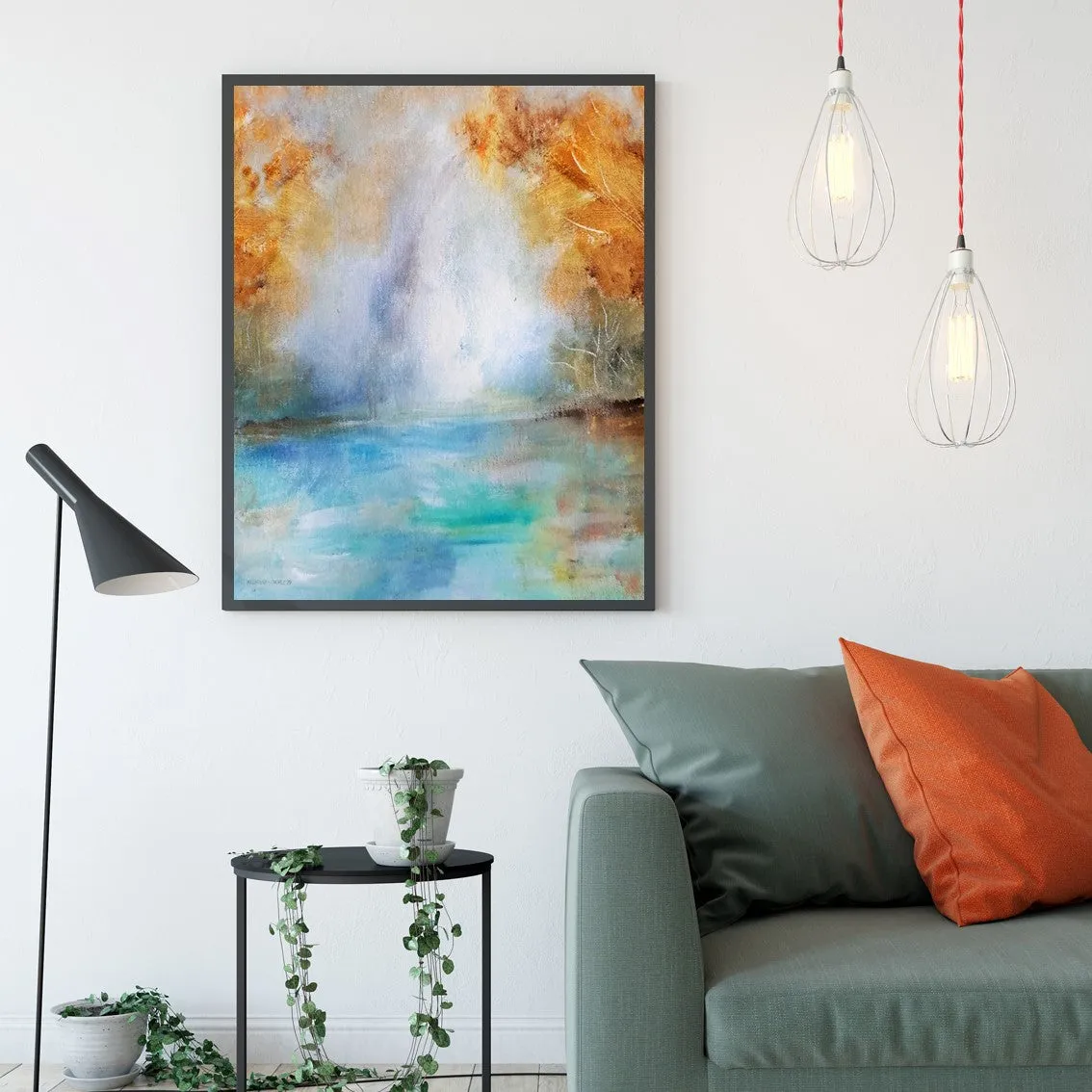 Vertical blue & orange abstract landscape wall art print