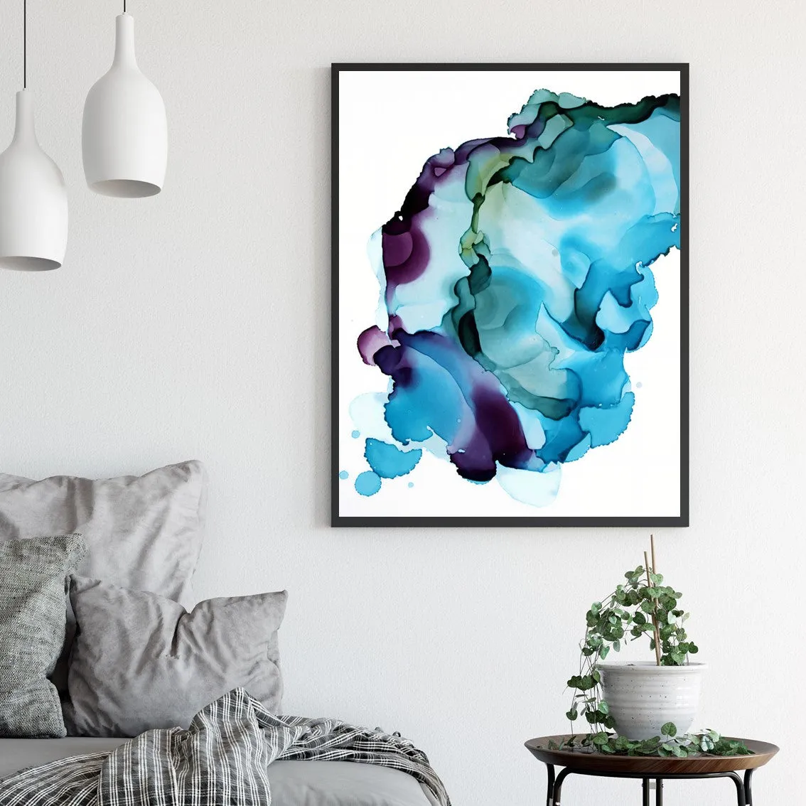 Vertical blue, purple & green abstract alcohol ink art print