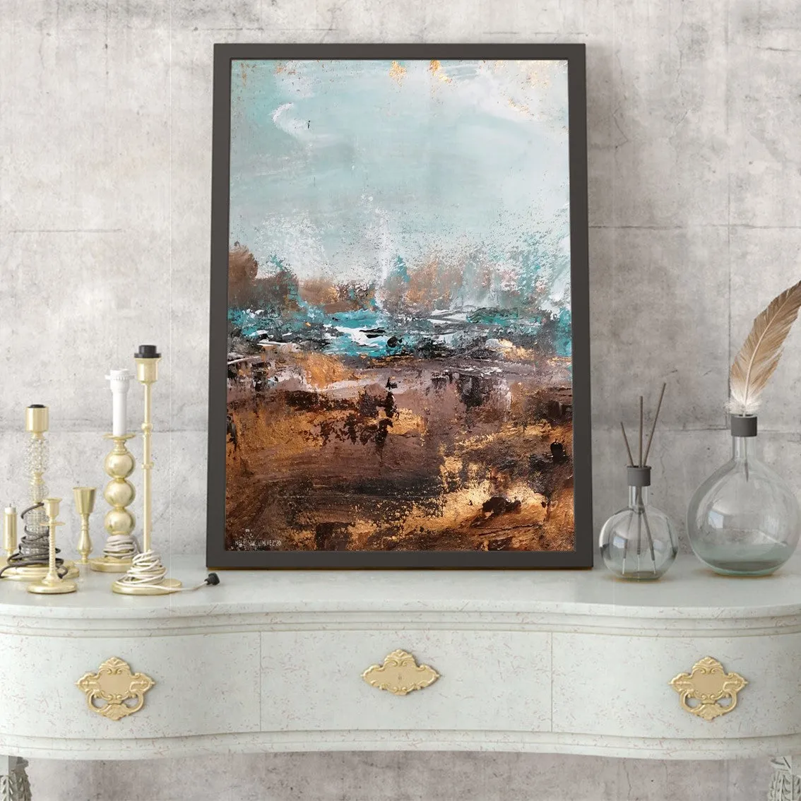 Vertical pale blue & gold abstract wall art print