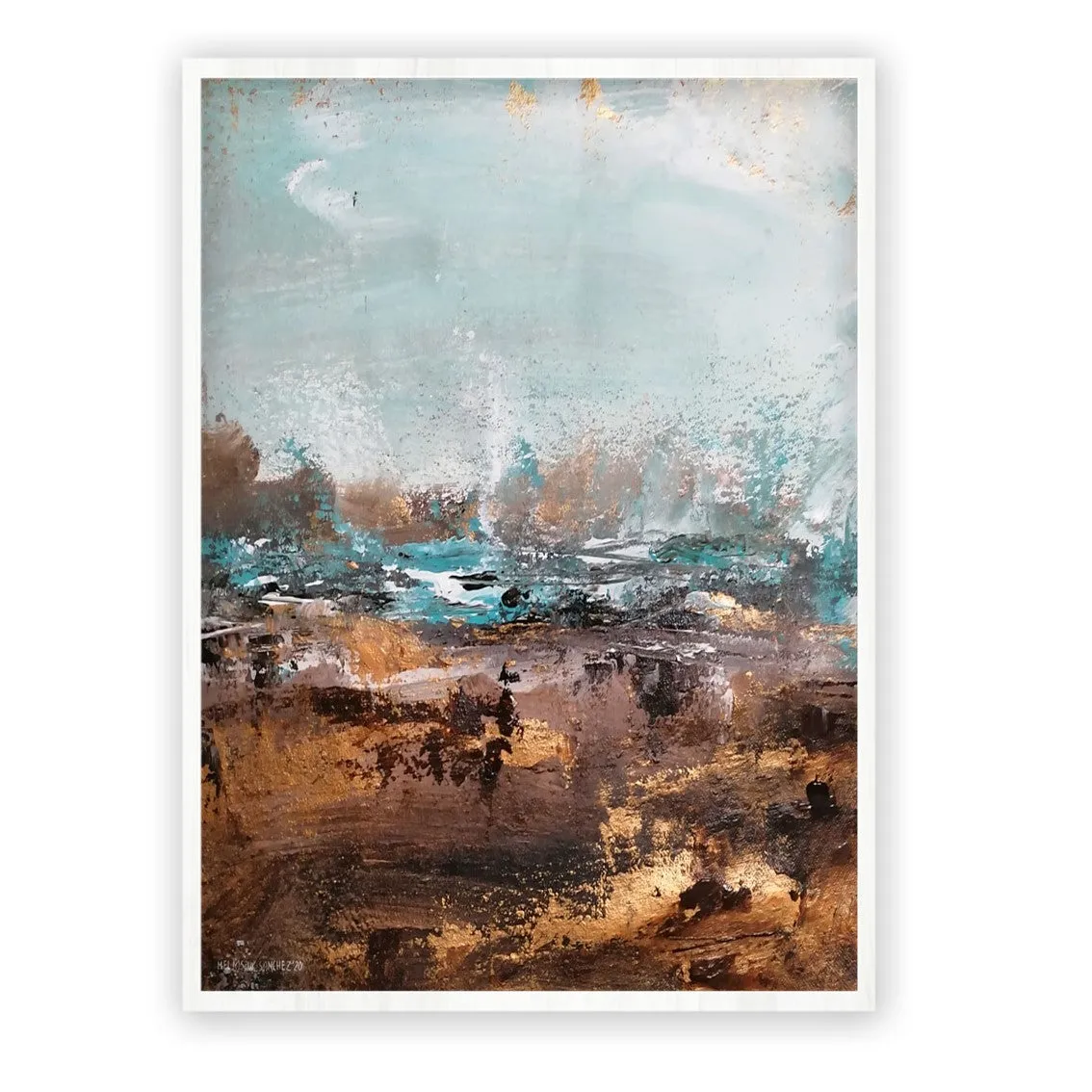 Vertical pale blue & gold abstract wall art print