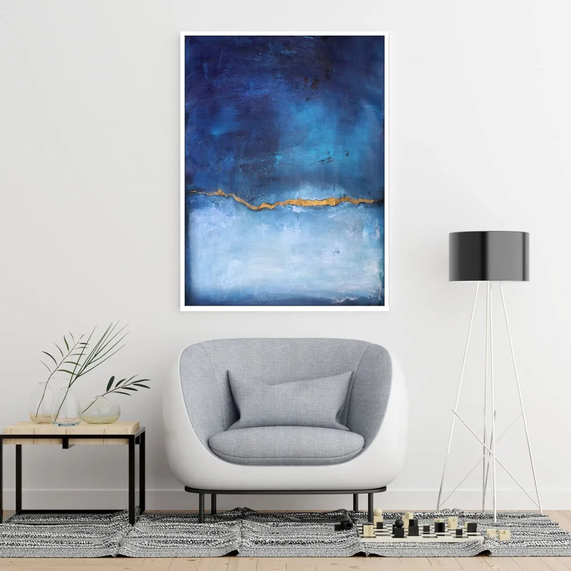 Vertical sapphire blue & gold abstract wall art print
