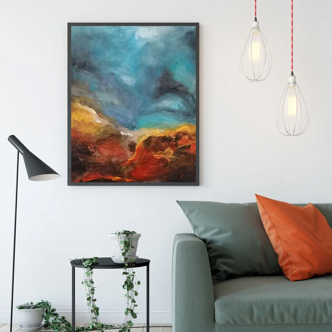 Vertical sky blue & red abstract wall art print