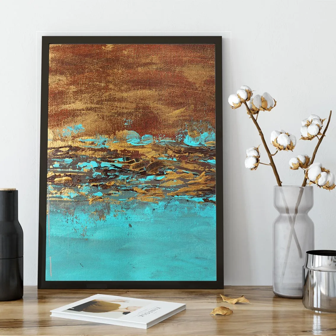 Vertical teal blue & gold abstract wall art print
