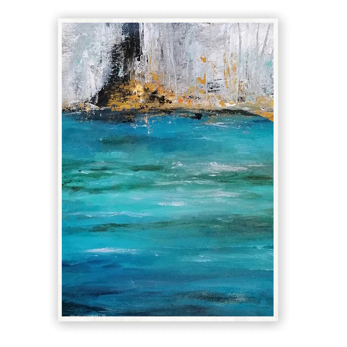 Vertical teal blue & orange abstract seascape wall art print