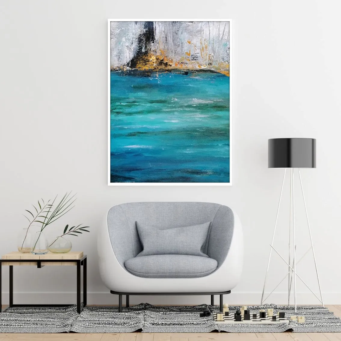 Vertical teal blue & orange abstract seascape wall art print