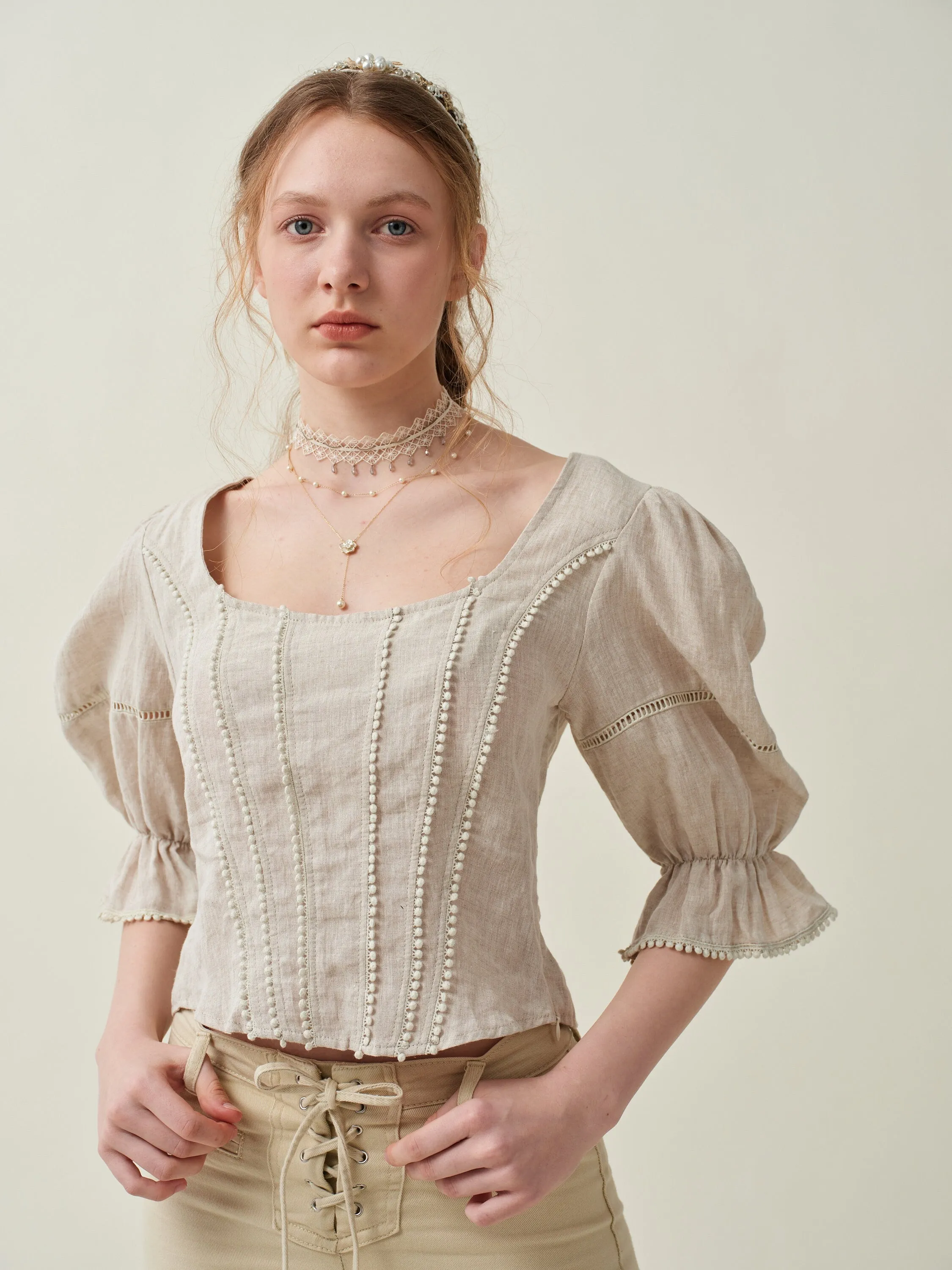 Vetiver 33 | Cross back linen blouse top
