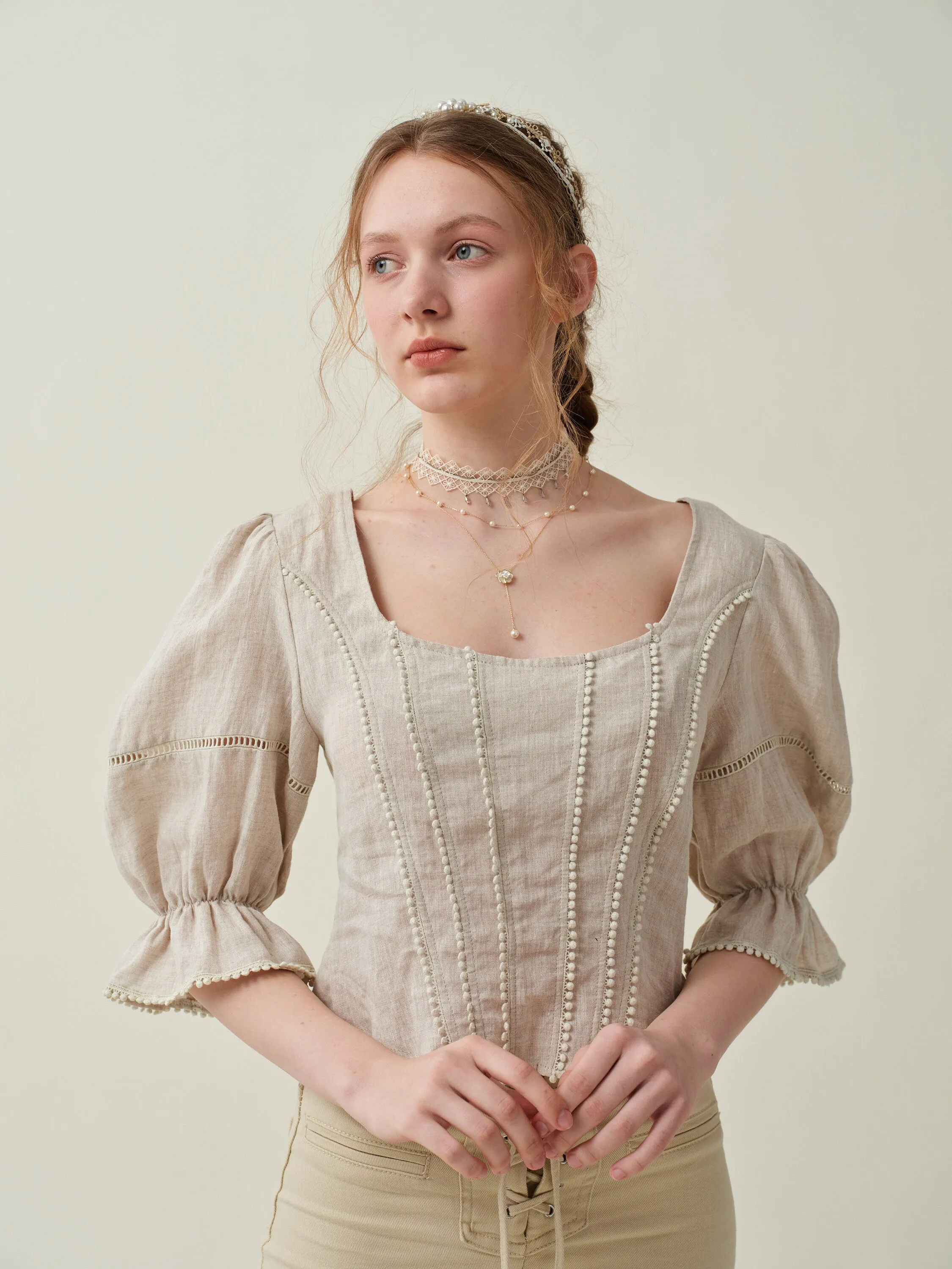 Vetiver 33 | Cross back linen blouse top
