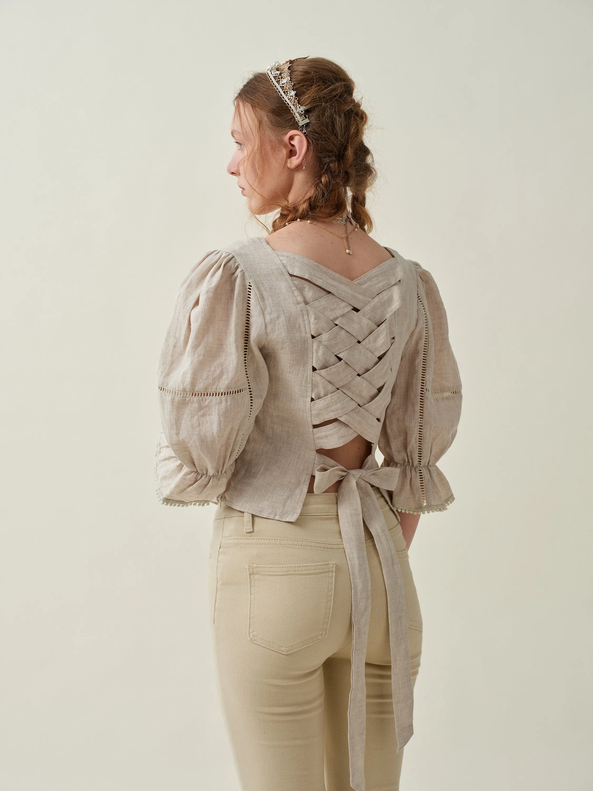 Vetiver 33 | Cross back linen blouse top