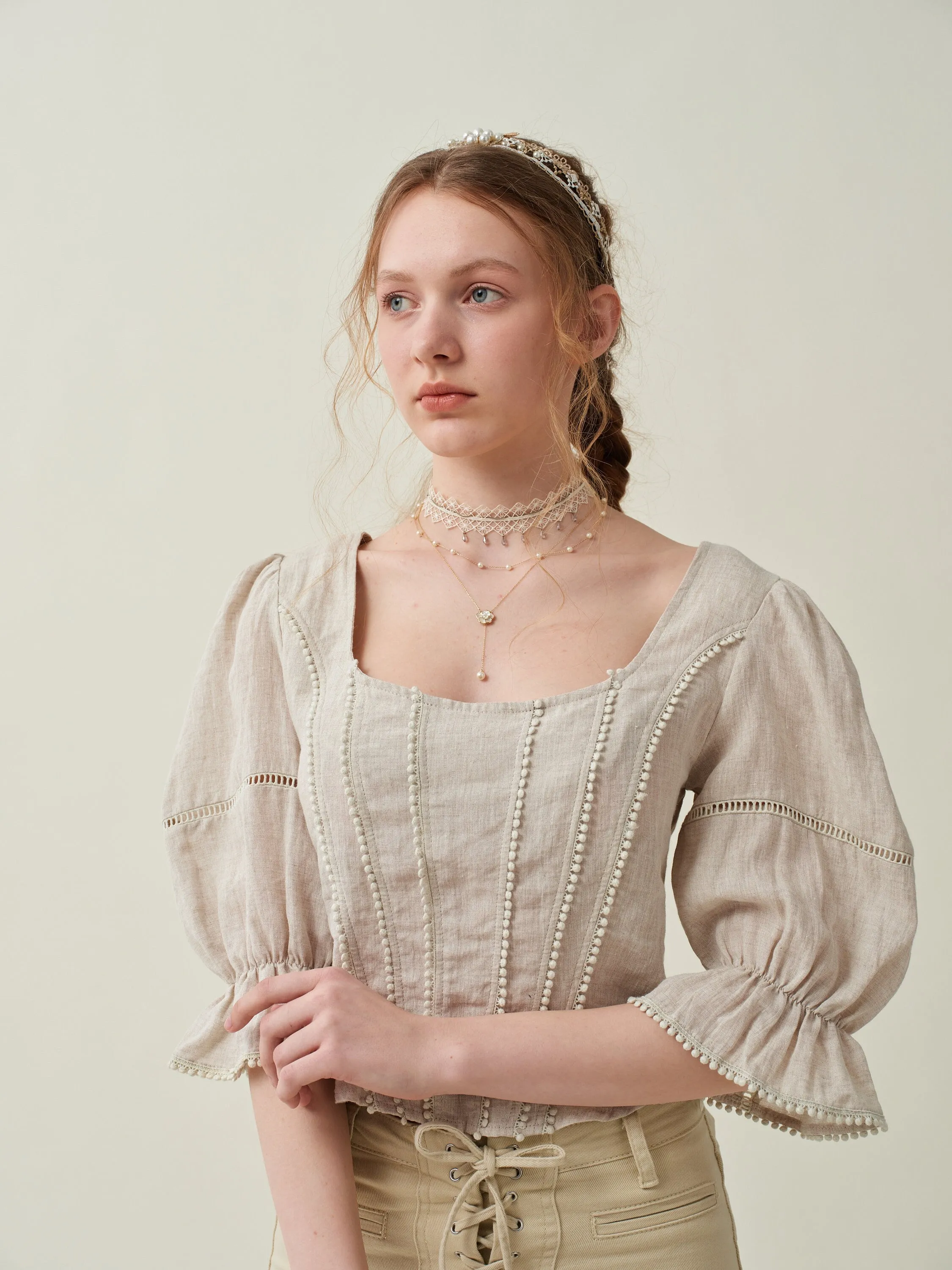 Vetiver 33 | Cross back linen blouse top