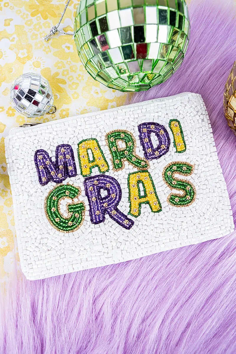 Viola Mardi Gras White Seed Bead Coin Purse