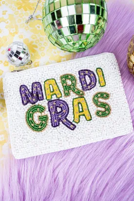 Viola Mardi Gras White Seed Bead Coin Purse