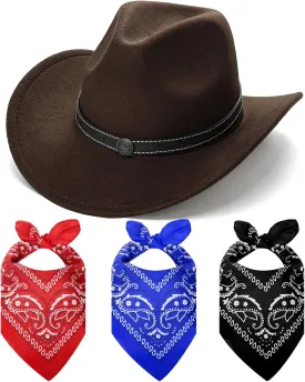 Western Brown Cowboy Hat for Women Men with 3 Pcs Bandanas Felt Wide Brim Brown Cowgirl Hats for Women Cowboys and Cowgirls Halloween Costume Accessories