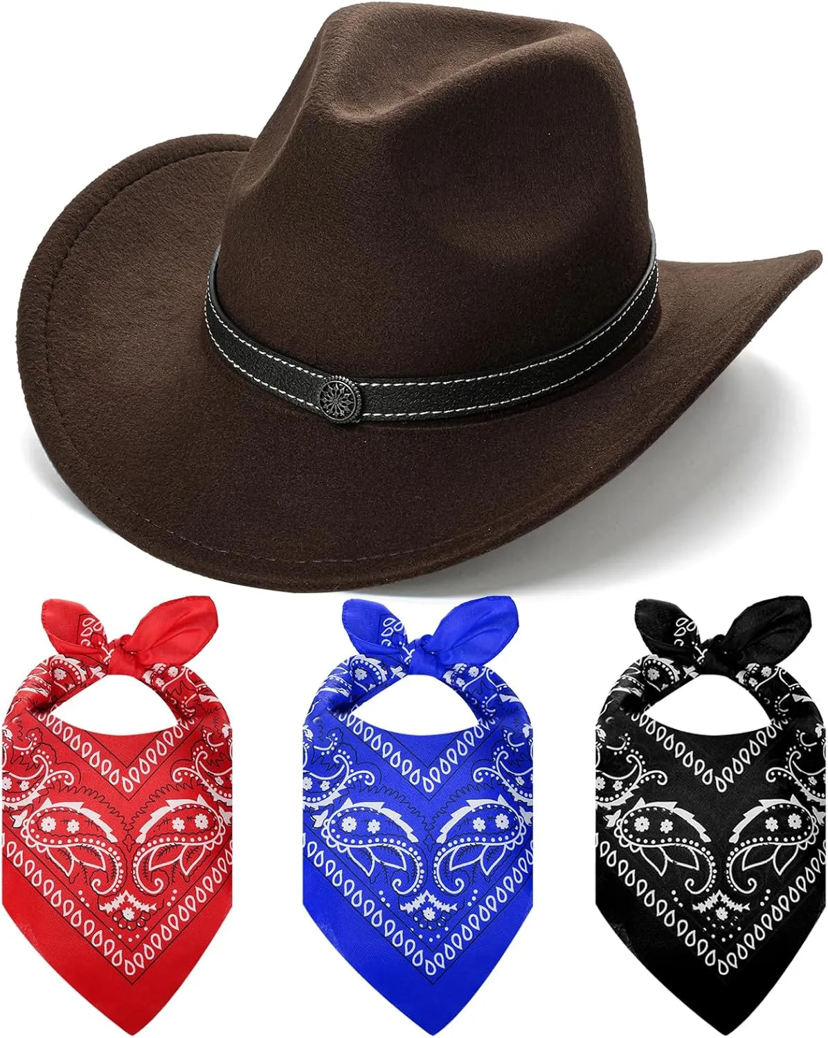 Western Brown Cowboy Hat for Women Men with 3 Pcs Bandanas Felt Wide Brim Brown Cowgirl Hats for Women Cowboys and Cowgirls Halloween Costume Accessories