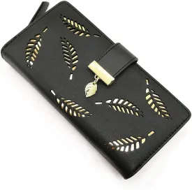 Women's Short Purse Leather Medium Wallet Leaf Bifold Card Coin Holder Small Purses Buckle Zipper Clutch-by Vodiu