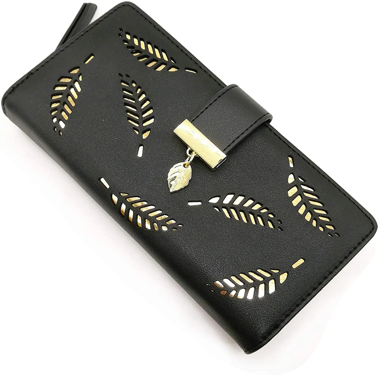Women's Short Purse Leather Medium Wallet Leaf Bifold Card Coin Holder Small Purses Buckle Zipper Clutch-by Vodiu