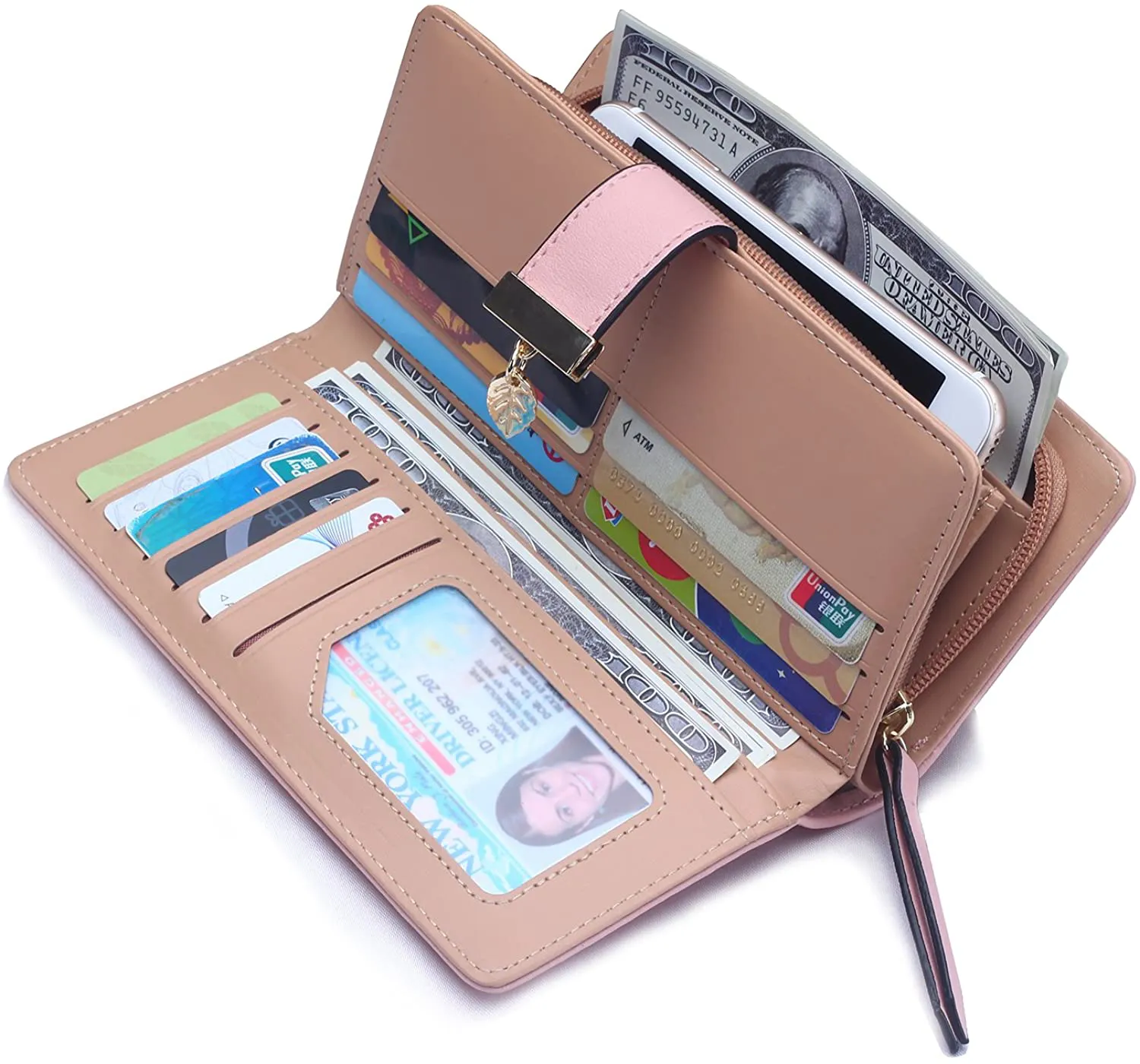 Women's Short Purse Leather Medium Wallet Leaf Bifold Card Coin Holder Small Purses Buckle Zipper Clutch-by Vodiu
