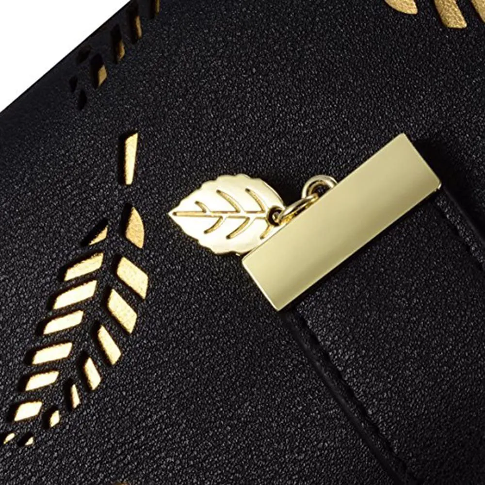 Women's Short Purse Leather Medium Wallet Leaf Bifold Card Coin Holder Small Purses Buckle Zipper Clutch-by Vodiu