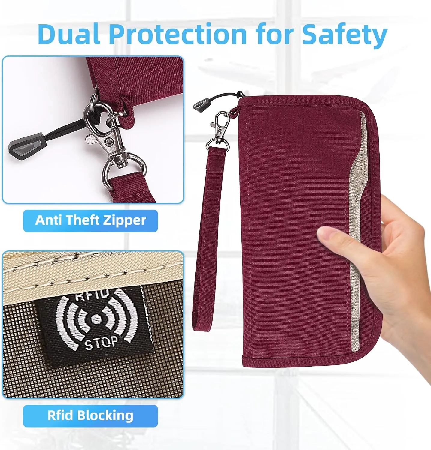 ZOPPEN Passport Holder Family RFID Passport Wallet, Passport Holder Women/Men, Travel Wallet Documents Organizer Zipper Case with Removable Wristlet Strap, Travel Essentials for Flying